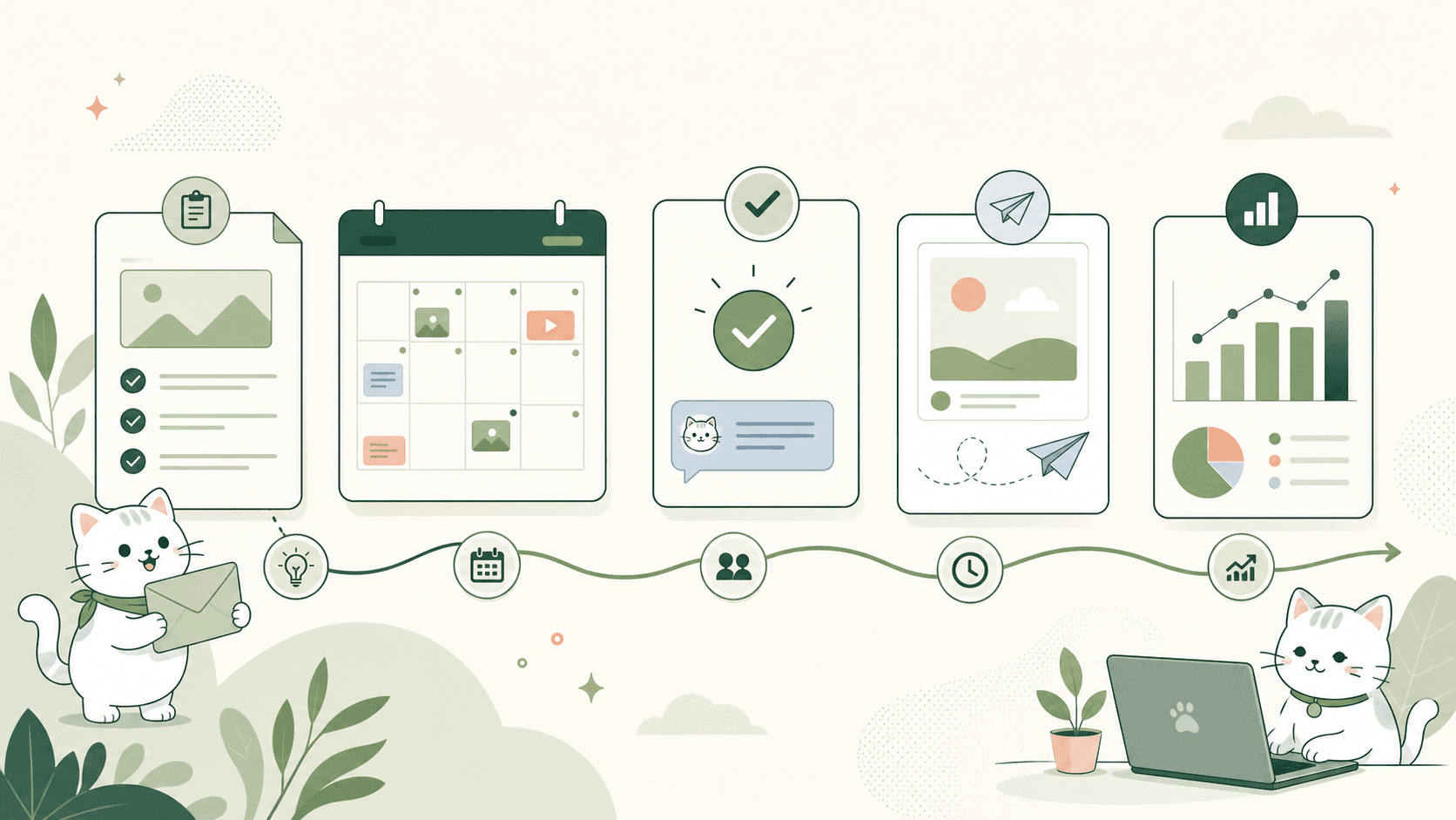 Vector illustration of the ContentDesk planning, approval, publishing, and analytics workflow